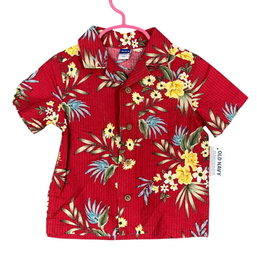 Old Navy Shirt Boys Baby 18-24M Red Hawaiian Camp Floral Short Sleeve NWT‎